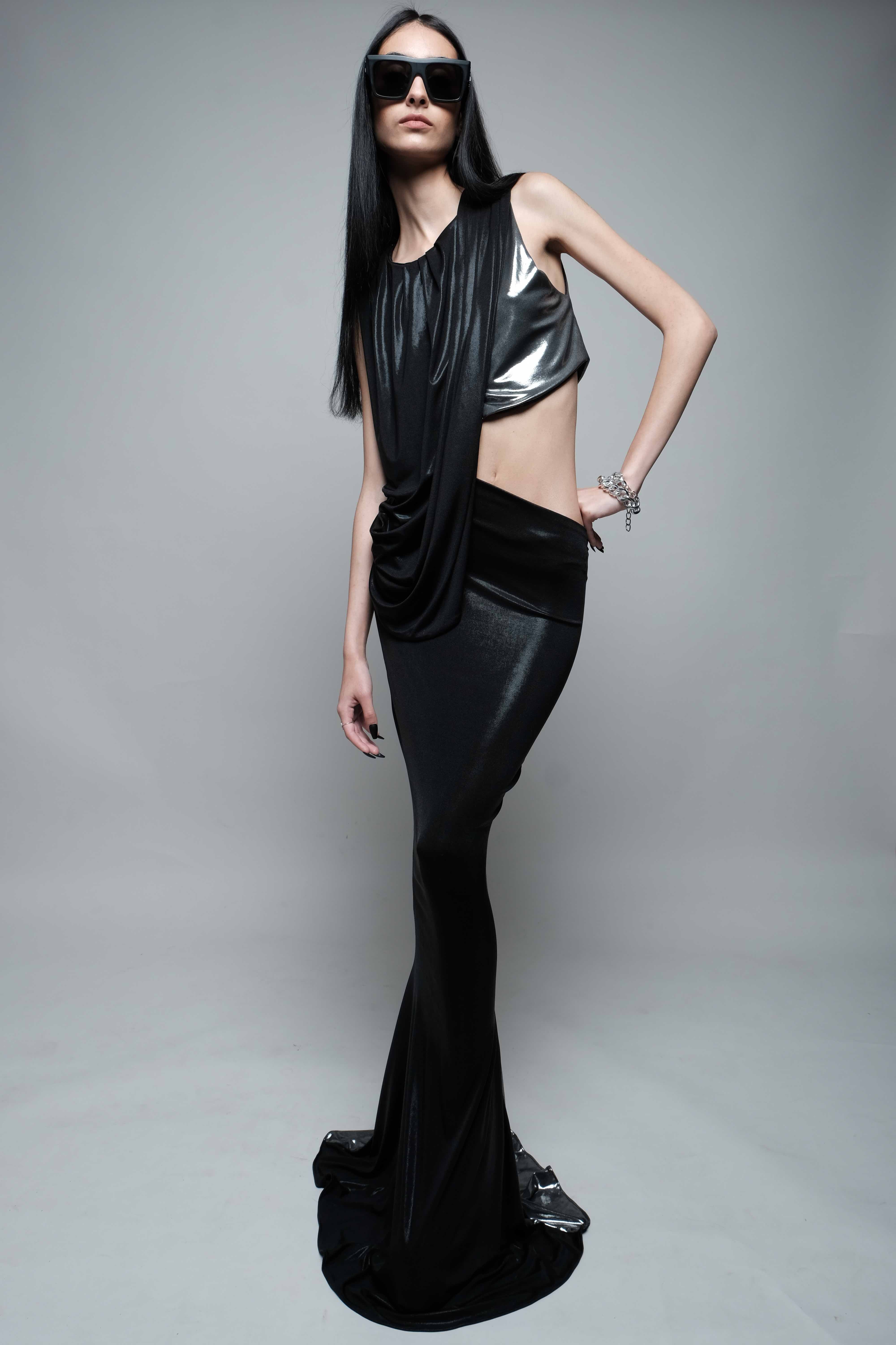 Robe longue Pasadena noir et argent métallisé